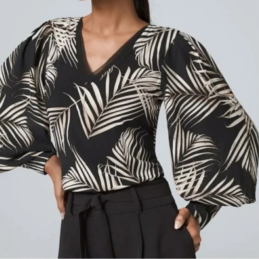 White House Black Market Xxs Palm Leaf V-Neck Balloon Sleeve Woven Blouse Nwt